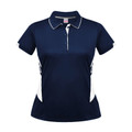 Navy ladies sports polo with white contrast panels and white collar tipping detail