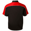 Black and red contrast panel moto shirt with piping detail, rear view showing collar and short sleeves