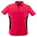 Hot pink kids polo shirt with black contrast side panels and matching collar trim