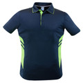 Navy kids polo shirt with neon green side panels and contrast collar trim