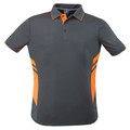 Charcoal grey polo shirt with orange contrast side panels, sleeve accents and collar trim