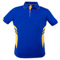 Royal blue kids' sports polo with gold contrast side panels and white collar tipping