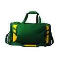 Forest green sports duffle bag with bright yellow contrast panels and matching carry handles