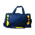 Navy blue sports duffle bag with yellow contrast panels and matching handles