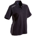 Navy blue polo shirt with white contrast piping detail along shoulders and sides