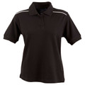 Women's black short sleeve polo shirt with white piping along shoulder seams and three-button placket