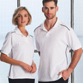 White cotton polo shirt with black piping detail on collar, shoulders and sides