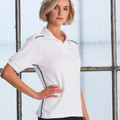 White cotton polo shirt with black contrast piping on shoulders and sleeves, featuring collar and short sleeves