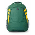 Forest green backpack with gold contrast panels and striped shoulder straps on white background