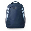 Navy backpack with light blue chevron contrast panels and mesh side pockets