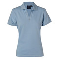 Ladies sky blue cotton polo shirt with short sleeves and button-less collar placket