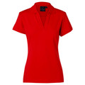 Bright red ladies polo shirt with v-shaped neckline and short sleeves on white background