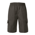 Charcoal grey boys cargo school shorts with elasticated waist and flap pockets on each leg