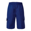 Navy cargo shorts with elasticated waistband and side cargo pockets with flap closures