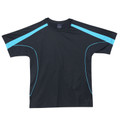 Charcoal sports tee with cyan blue contrast panels on shoulders and side piping detail