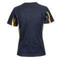 Navy athletic tee with gold contrast panels on sleeves and sides, back view showing breathable sport construction
