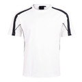 White TrueDry kids sports tee with charcoal contrast panels on shoulders, sleeves and sides