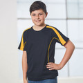 Black kids' TrueDry sport t-shirt with gold contrast panels on shoulders and sleeves