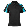 Black ladies polo shirt with cyan shoulder panels and contrast piping detail