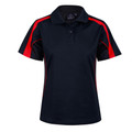 Navy ladies polo shirt with red and black contrast panels on shoulders and sleeves