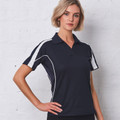 Woman wearing navy short-sleeve sport polo with white contrast side panels and piping, open collar