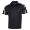 Black polo shirt with grey contrast shoulder panels and sleeve trim, featuring mesh knit panel inserts