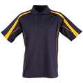 Navy sports polo with golden yellow shoulder panels and piping contrast detail