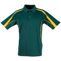 Kids bottle green and gold contrast polo shirt with side panels, three-button placket, flat lay