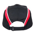 Back view of black baseball cap with red and white side panels and black adjustable strap