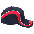 Navy baseball cap with red side panels and white contrast piping, structured crown, side profile packshot