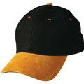 Black cotton six-panel cap with gold suede peak and matching eyelets