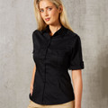 Black short sleeve military shirt with chest pockets and button placket on female model