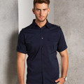 Navy short sleeve military shirt with dual chest pockets, button-down front and shoulder epaulettes