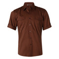 Chocolate brown short sleeve military shirt with dual chest pockets, epaulettes and button placket