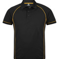 Black sports polo shirt with gold contrast piping on shoulders, sides and sleeves