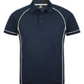 Navy sports polo with white contrast piping along raglan sleeves and side panels