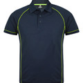 Navy sports polo with fluorescent yellow contrast piping along shoulders, sides and sleeve hems