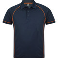 Navy sports polo shirt with orange contrast piping along shoulders, sides and sleeves