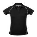 Black ladies sports polo with white contrast piping along shoulders, sleeves and sides, featuring collar and placket