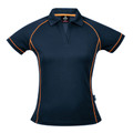 Navy ladies sports polo with orange contrast piping along raglan sleeves and collar