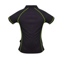 Back view of black ladies sports polo with neon green contrast piping along raglan seams and side panels