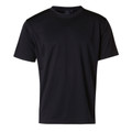 Black crew neck t-shirt with mesh knit fabric and short sleeves displayed flat on white background