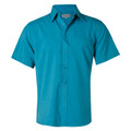 Turquoise short sleeve dress shirt with button-front closure and chest pocket