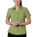 Sage green short sleeve collared shirt with button-front closure and tailored fit