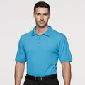 Cyan blue short-sleeve polo shirt with collar and three-button placket in pique knit fabric