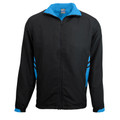 Black sports track jacket with bright cyan blue contrast collar, cuffs and side panel inserts
