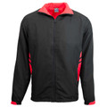 Black track jacket with coral red collar and side panels, featuring full-length zip closure