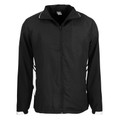 Black sports track jacket with white contrast panels on sides and collar, featuring full zip closure