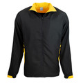 Black sports track jacket with gold contrast collar, side panels and cuff trim, full zip front