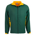 Bottle green track jacket with golden yellow contrast collar, side panels and cuff trim, featuring full zip closure